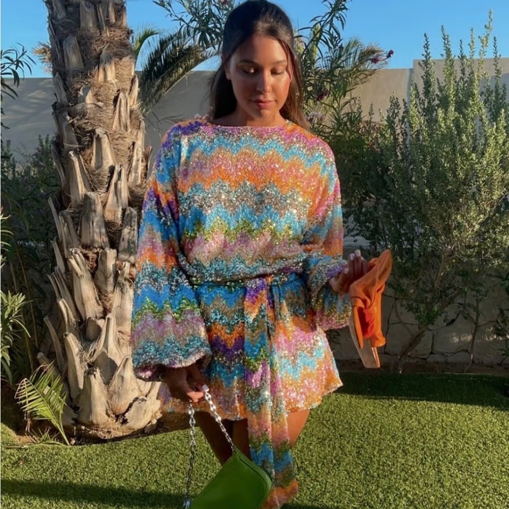 Show Me Your Mumu Sure Thing Mini Dress Wavy Sequins Sz XL Long Sleeve Colorful